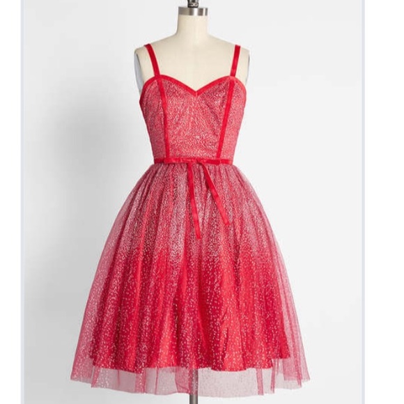 ModCloth Collectif Haute Holiday Party Swing Dress Red Crystals Embellished - Picture 1 of 7
